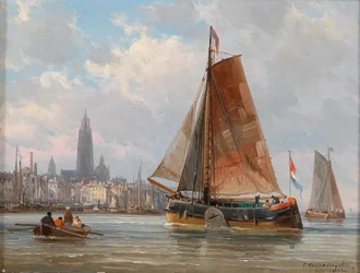 Fiskare vid en stad